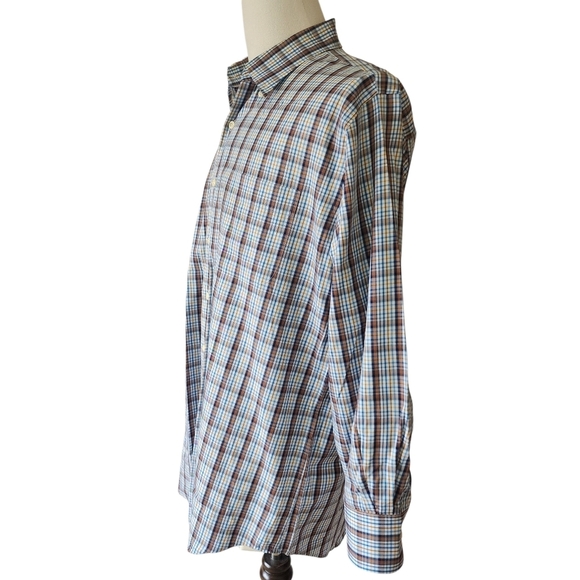 Peter Millar Men’s Button Down Shirt Tan & Blue Plaid - Large - Picture 4 of 9